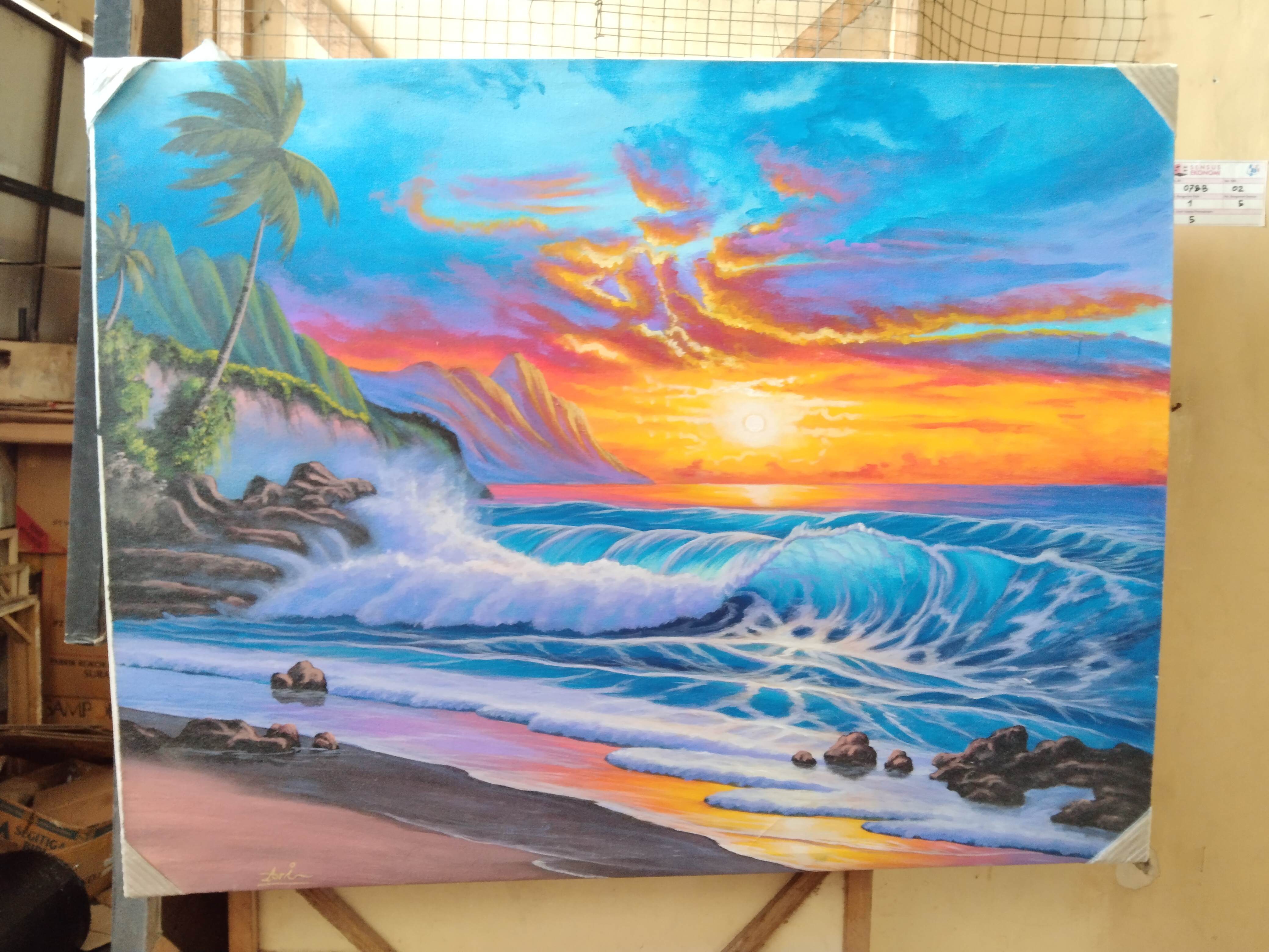 'Lukisan pemandangan ombak pantai ukuran 70 x 50'