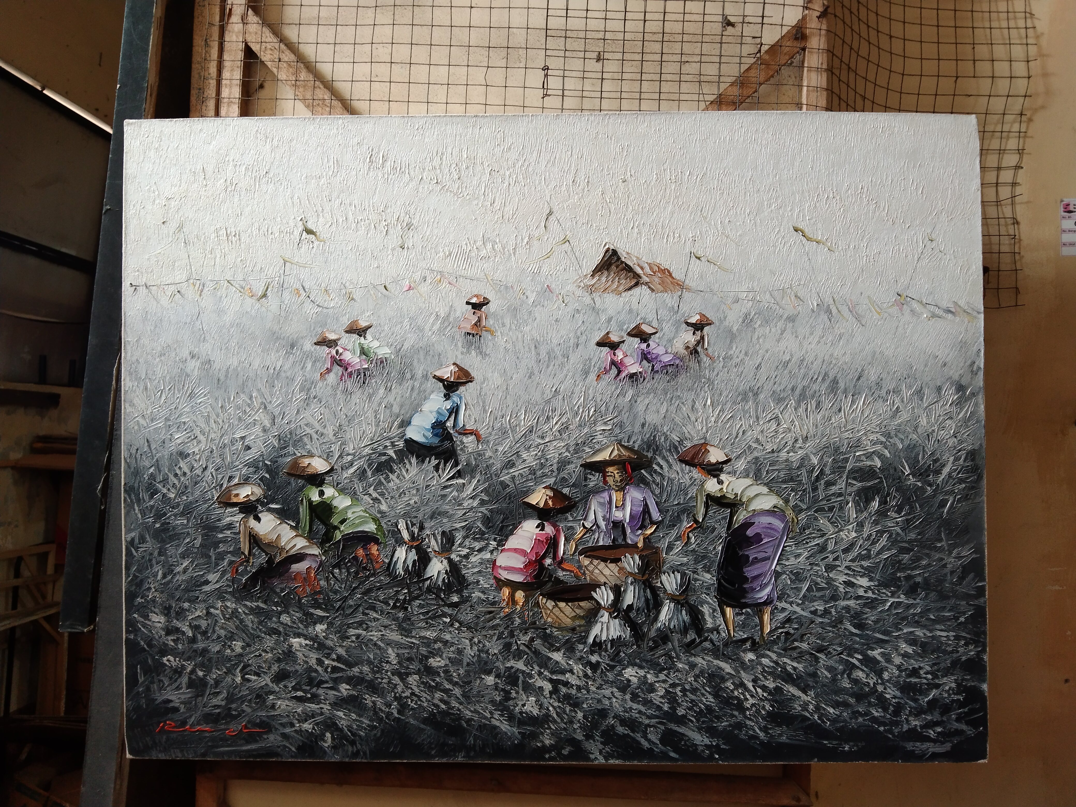 Lukisan petani panen padi ukuran 70 x 50 cm