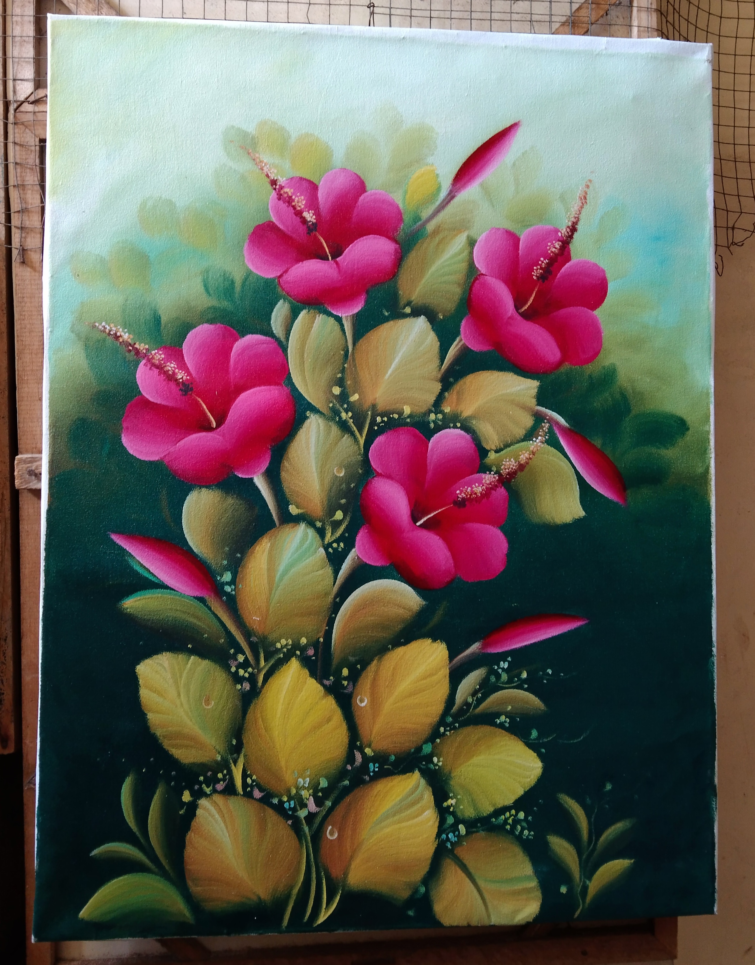 'Lukisan tanaman kembang sepatu ukuran 65 x 45'